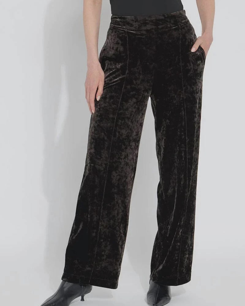Front of a model wearing a size XL Shay Crushed Velvet Suit Pant In Double Espresso in Double Espresso by Lysse. | dia_product_style_image_id:355211